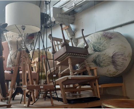 Various items of furniture; four armchairs, a pouffe, a stool, a metal coat stand, two lamps, a folding chair, a Van Gogh pos