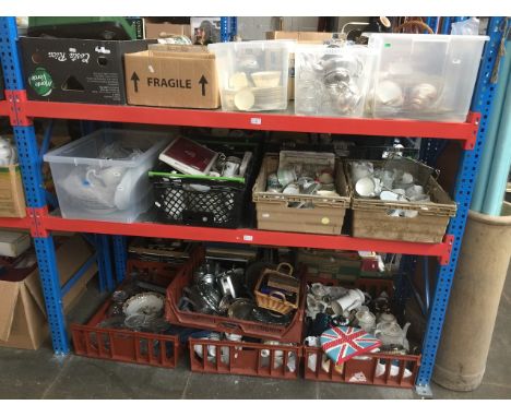 16 boxes of misc ceramics, glass, stainless steel, EPNS ware, decanter, cups, saucers, plates, etc. 