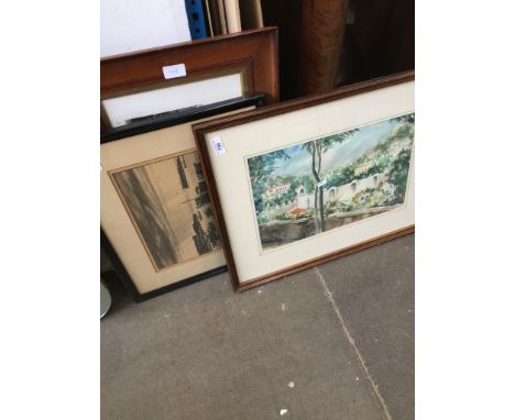 A water colour signed Theodore Arms? 1962, another signed print, and two others 