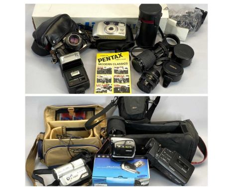 CAMERAS &amp; PHOTOGRAPHY EQUIPMENT - to include Samsung, Cannon camcorder carry bags, Minolta SLR camera X300, 50mm lens, Si