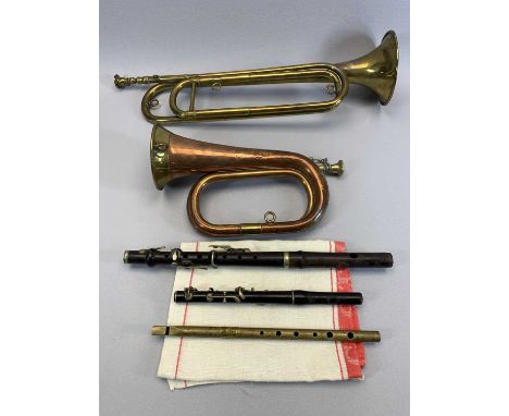 MUSICAL INSTRUMENTS - brass trumpet, copper and brass bugle, flutes, ETC