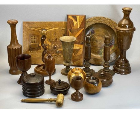 TREEN - a large assortment to include Lignum Vitae Chug Chog, turned goblet, bowls, lamp bases and panels, ETC