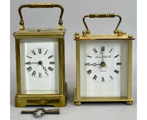 FRENCH BRASS CARRIAGE CLOCK - by Flands, Roman numerals on an enamelled dial, 17cms H with handle up, and a London Clock Comp