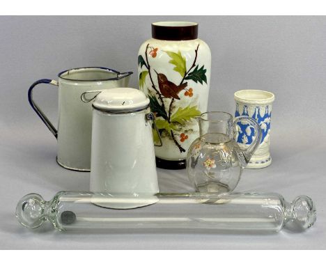 GLASSWARE -  enamel decorated jug 14cms tall, glass rolling pin, Milk glass vase, 26cms tall and two pieces of enamel metal w