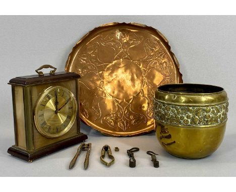 'ARTS &amp; CRAFTS' STYLE COPPER TRAY, stamped J.S &amp; S, 32cms diam, a Metamec mantel clock, a brass planter, ETC