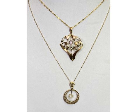 VICTORIAN &amp; LATER PENDANT NECKLACES (2) - to include an opal and seed pearl set Art Nouveau type pendant on later fine li