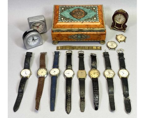 VINTAGE &amp; LATER GENTLEMAN'S WRISTWATCHES (10) - contained in a colourful Blue Bird confectionery tin, names include Carav