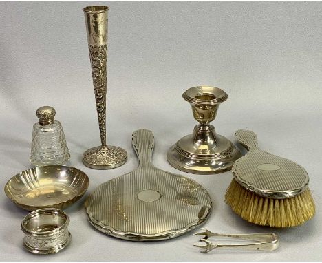 SMALL SILVER, 8 PIECES - to include a dressing table hand mirror and matching brush, single squat candlestick (loaded) 9cms H