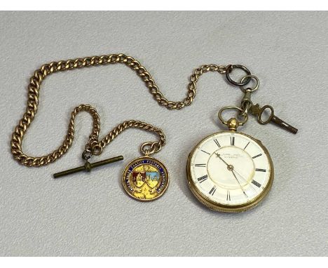 18CT GOLD CASED POCKET WATCH - with 9ct Albert and medallion fob, key wind open face watch with white enamel dial marked 'Jam