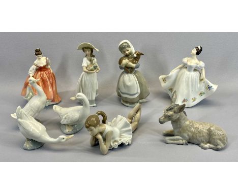 NAO ORNAMENTS (7) - to include a donkey and geese, 24cms the tallest and Royal Doulton figurines 'Fair Lady' (coral pink) HN2