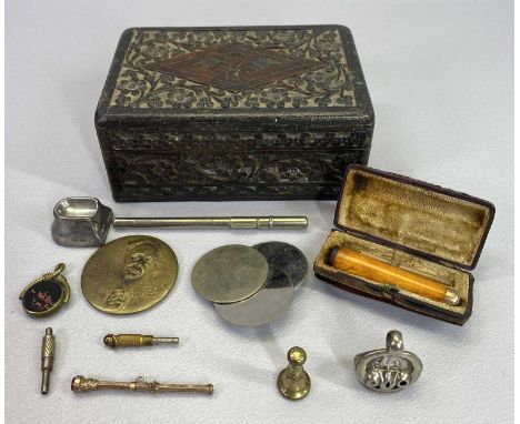 VINTAGE CARVED HARDWOOD LIDDED BOX &amp; COLLECTABLE CONTENTS to include a cased amber cigarette holder, rose embossed desk s