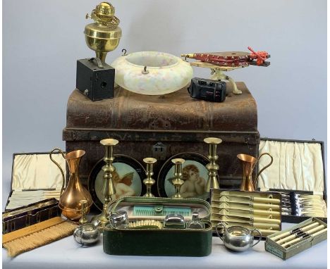 METAL TRUNK and an assortment of vintage items and collectables to include vanity case, two pairs of brass candlesticks, old 
