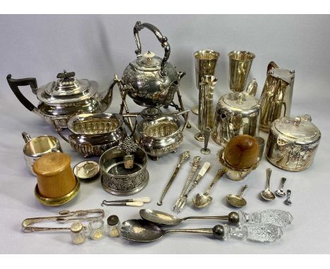 WALKER &amp; HALL 3 PIECE PLATED TEA SERVICE, a plated spirit kettle with bone knop, small silver and enamel bowl and a quant