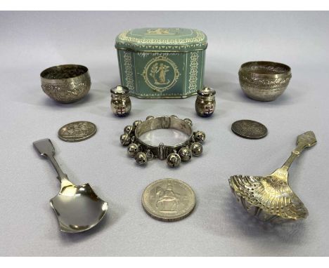 EASTERN &amp; OTHER WHITE METAL COLLECTABLES, EPNS cutlery, Victoria and other crowns contained within a vintage tin, items i