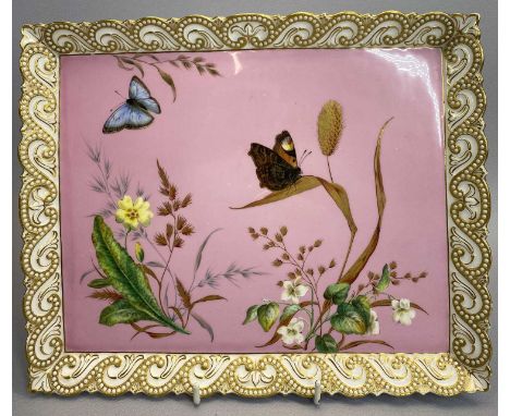 ROYAL WORCESTER CHINA TRAY - marked '74', decorated in pink with butterflies, 23.5 x 28.5cms