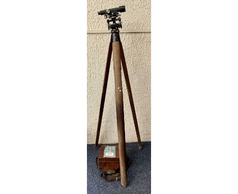 THEODOLITE OR PRECISION LEVEL BY STANLEY - in vintage wooden box with leather strap and on a wooden tripod stand, with instru