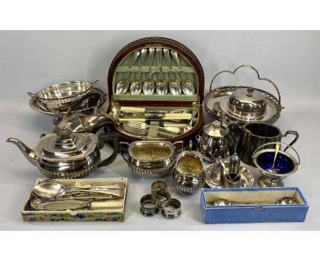 VINTAGE POLISHED CUTLERY BOX - half moon shaped on bun feet with quantity of cutlery and a four piece electroplate tea servic
