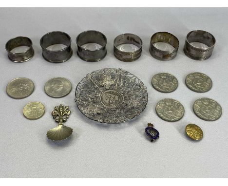 MIXED SILVER &amp; COINS COLLECTABLES GROUP - two pairs and two other napkin rings, London 1944 pair with engine turned decor