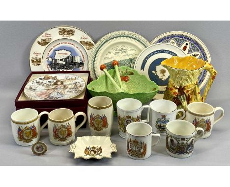 CARLTONWARE GREEN LEAF SALAD BOWL &amp; SERVERS, 11cms H x 23cms, Burleigh ware rabbit and Poppy decorated jug, 18cms H, comm
