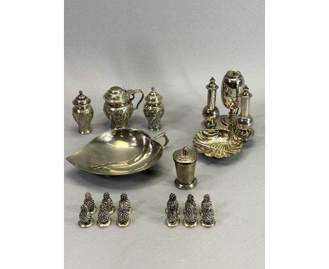 SILVER, WHITE METAL &amp; EPNS GROUP OF TABLEWARE - to include a three piece condiment set, London 1895, having embossed deco