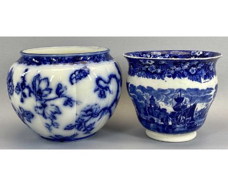 WEDGWOOD ETRURIA SWALLOW FLOW BLUE TYPE PLANTER - 20cms tall, 26cms diam and another blue and white planter