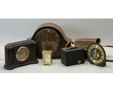 CLOCKS - Ferranti Bakelite electric mantel clock, a dome top mantel clock, small London carriage clock and a Kodak Brownie ca