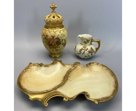 ROYAL WORCESTER BLUSH 2048 LIDDED VASE, a Royal Worcester 1474 shell plate, 32 x 24.5cms and a Royal Worcester 1376 jug, 11cm