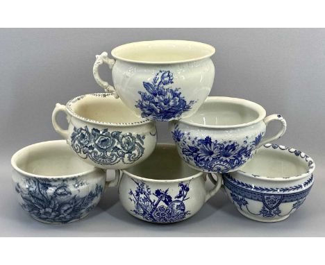 CHAMBER POTTY PLANTER POTS (6) - in various blue and white patterns, two bearing back stamps for W &amp; H Grosvenor, the oth