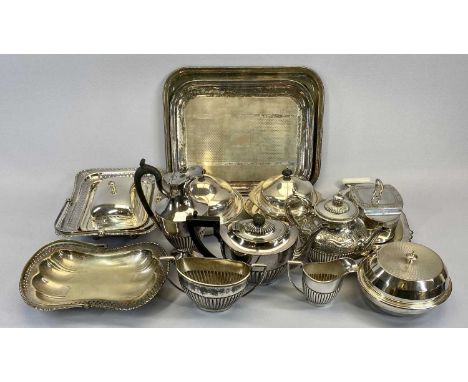 J T &amp; COMPANY REEDED FOUR PIECE PLATED TEA SERVICE, muffin dishes, ??? and assorted other plated ware (within 2 boxes) 