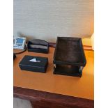 Dacasso leather desk set accessories as photographed comprising tray set, letter rack and tissue box