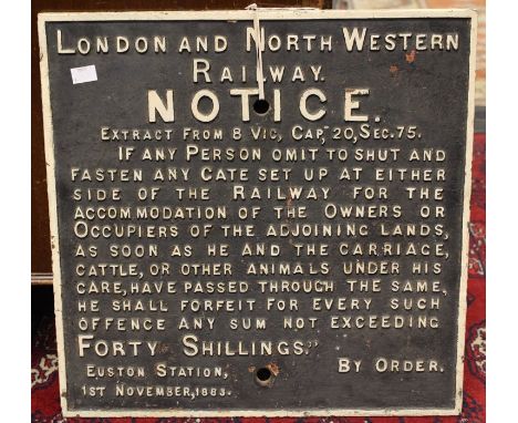 Railwayana: A London and North Western Railway Notice sign, "If any Person omit to shut and fasten any gate set up at either 