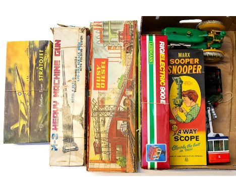 Tinplate: A collection of assorted boxed tinplate to include: Technofix Busy Diesel; Marx Sooper Snooper; Marx Stratojet; Ato