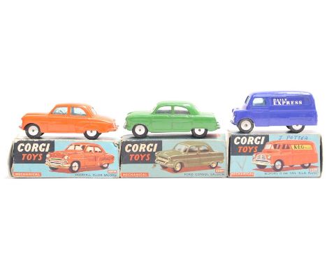 Corgi: A boxed Corgi Toys, Vauxhall Velox Saloon, 203M, red body, complete with leaflet; together with a Ford Cosul Saloon, 2