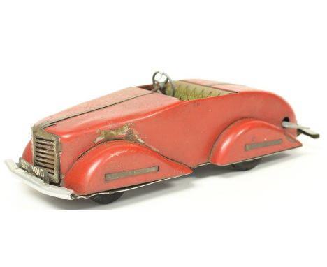 Tinplate: A clockwork, circa 1940's Open Tourer, possibly by Marx, red livery with key, in need of a clean.