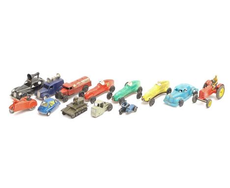 Diecast: A collection of assorted diecast and plastic vehicles to include: Palitoy Racers, Dinky Mobiloil Tanker, Kembo Polic