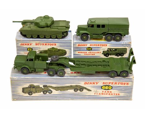 Dinky: A collection of three boxed Dinky Supertoys vehicles comprising: 660 Tank Transporter; 651 Centurion Tank; and 689 Med