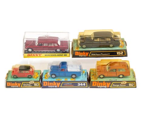 Dinky: A collection of five boxed or bubbled Dinky Toys, comprising: Land Rover 'Speedwheels', 344; Mercedes-Benz 600, 128; M