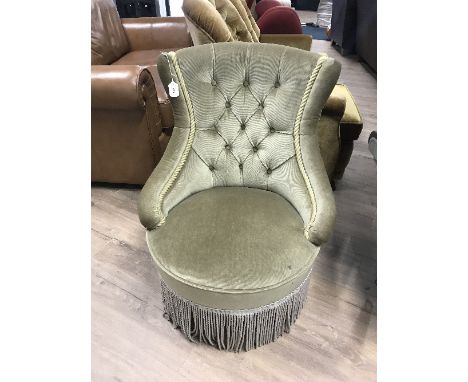 UPHOLSTERED BUTTON BACK NURSING CHAIR FRILLED SKIRT