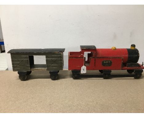 VINTAGE WOODEN TOY TRAIN &amp; CARRIAGE