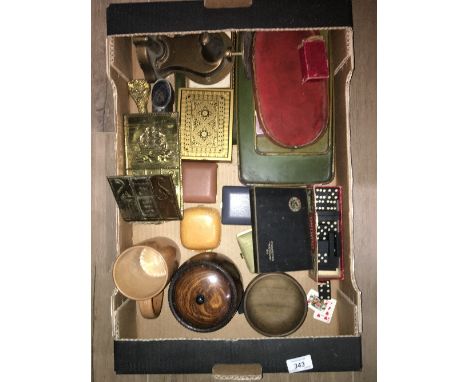 BOX OF DOMINOES  SCALES BRASSWARE ETC