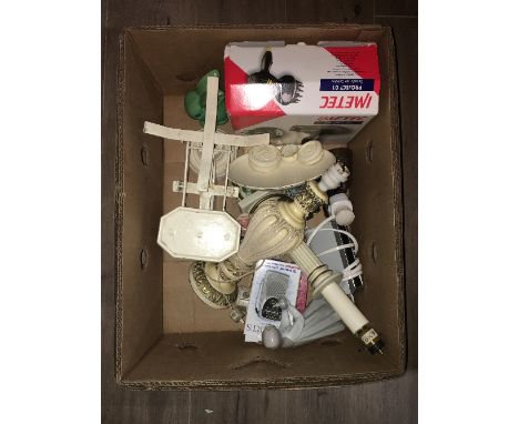 BOX OF SCALES TABLE LAMPS HAIRDRYER ETC