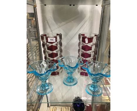 2 VINTAGE VASES &amp; 3 SUNDAE DISHES