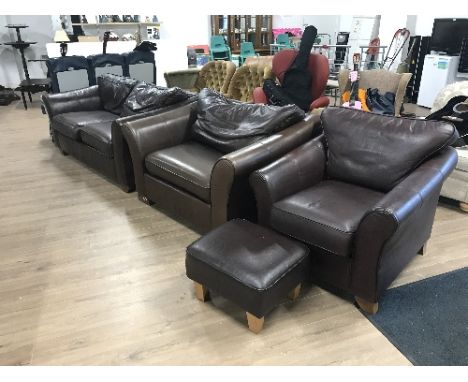 LEATHER 2 SEAT + 3 SEAT SETTEES CHAIRS + POUFFE SUITE
