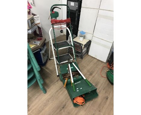 A QUALCAST LAWN MOWER AND STEP LADDER AND OTHERS