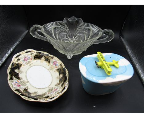 Serpent handle glass dish, Utterly Butterly butter dish and Noritake dish