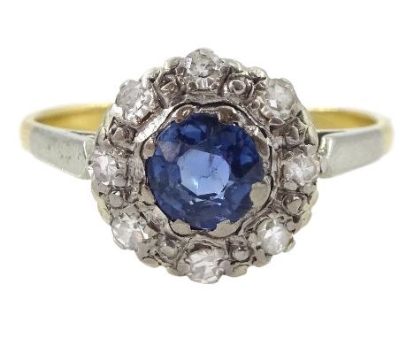 18ct gold sapphire and round brilliant cut diamond cluster ring, stamped 18ct &amp; Pt, sapphire approx 0.45 carat, in velvet