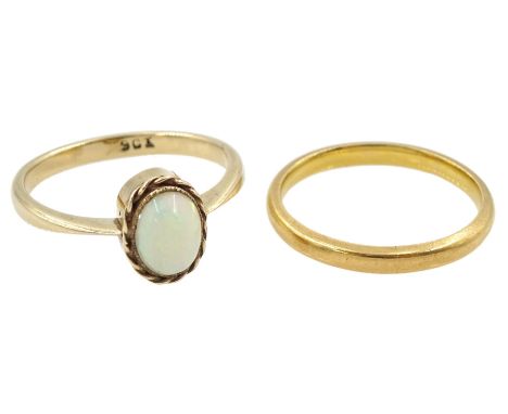 Gold single stone opal ring, stamped 9ct and a gold wedding band, hallmarked 22ctCondition Report:22ct approx 2.6gm, size app