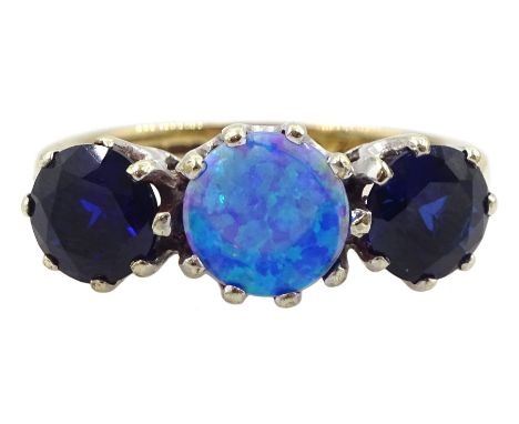 9ct gold three stone opal and synthetic sapphire ring, hallmarked Condition Report:Approx 3.9gm, size K, well presented ring 