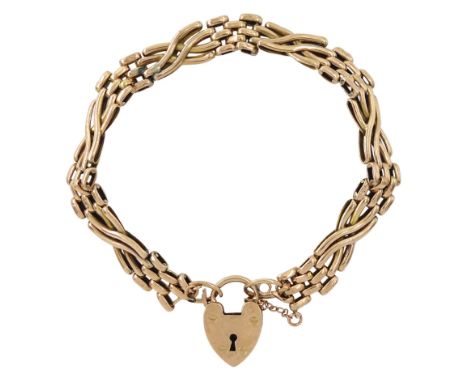 9ct rose gold four bar crossover gate bracelet, with heart locket clasp, hallmarkedCondition Report:Approx 10.9gm