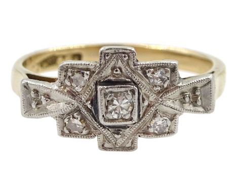 Art Deco 15ct gold and palladium milgrain set five stone diamond panel ringCondition Report:Approx 2.35gm, stamp indistinct, 